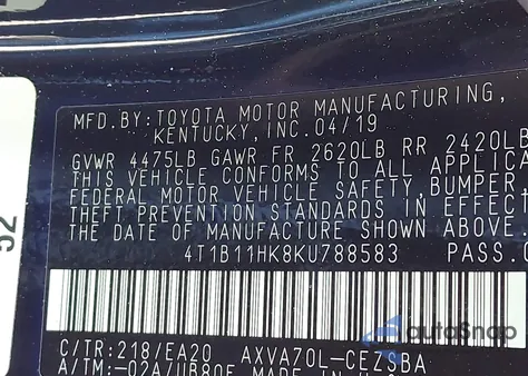 2019 Toyota Camry Le из США, поврежденный, VIN 4T1B11HK8KU7885